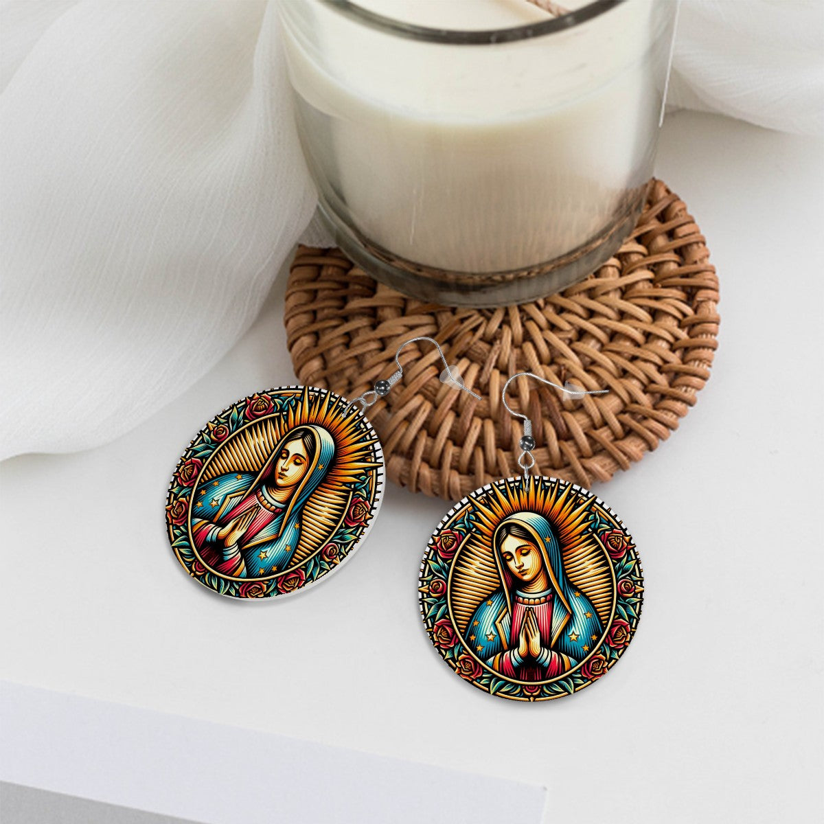 Virgin Mary - Leather Round Earrings