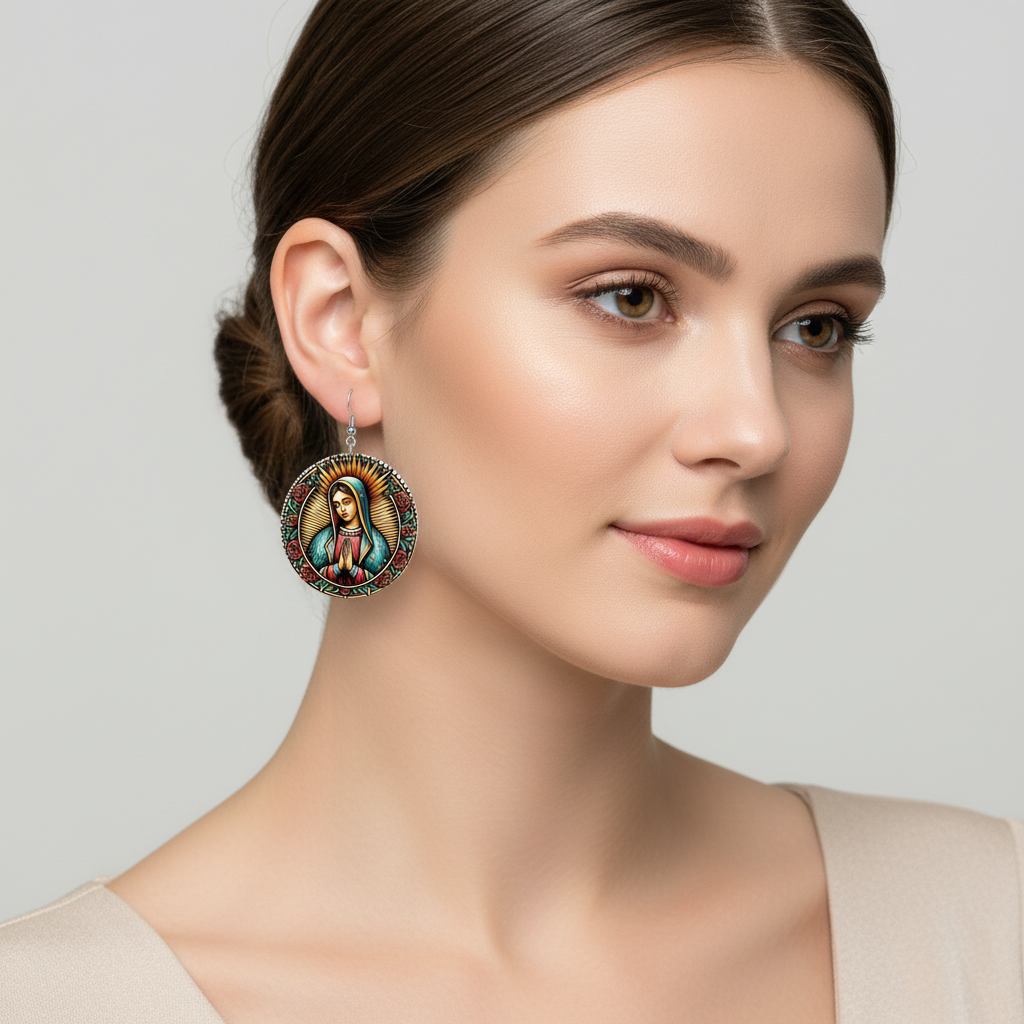 Virgin Mary - Leather Round Earrings