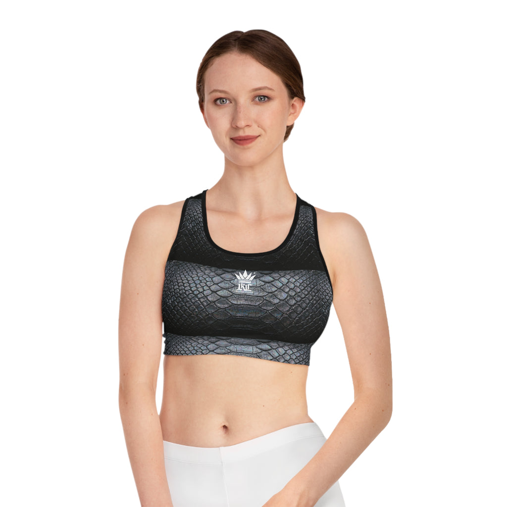 Snake Scale Sports Bra — Black Textured Athletic Crop Top