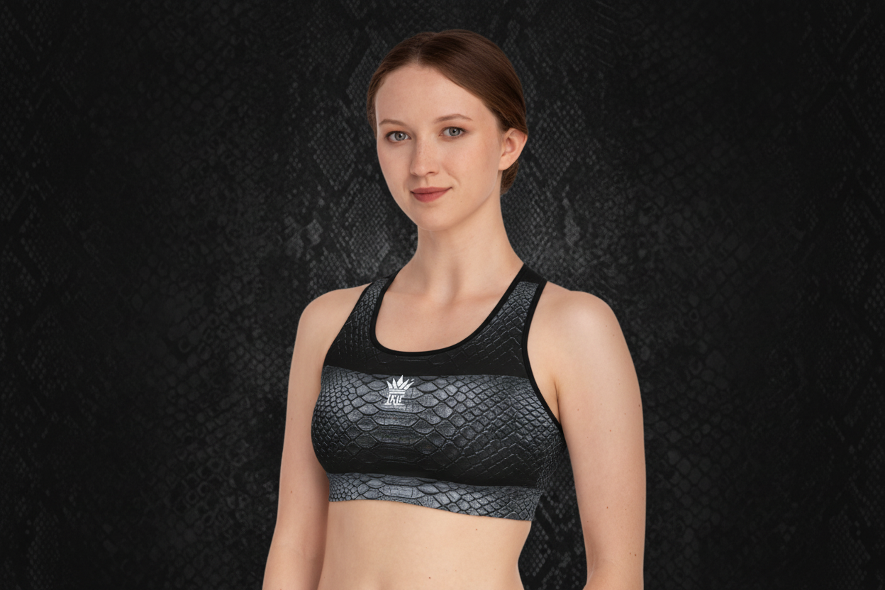Snake Scale Sports Bra — Black Textured Athletic Crop Top