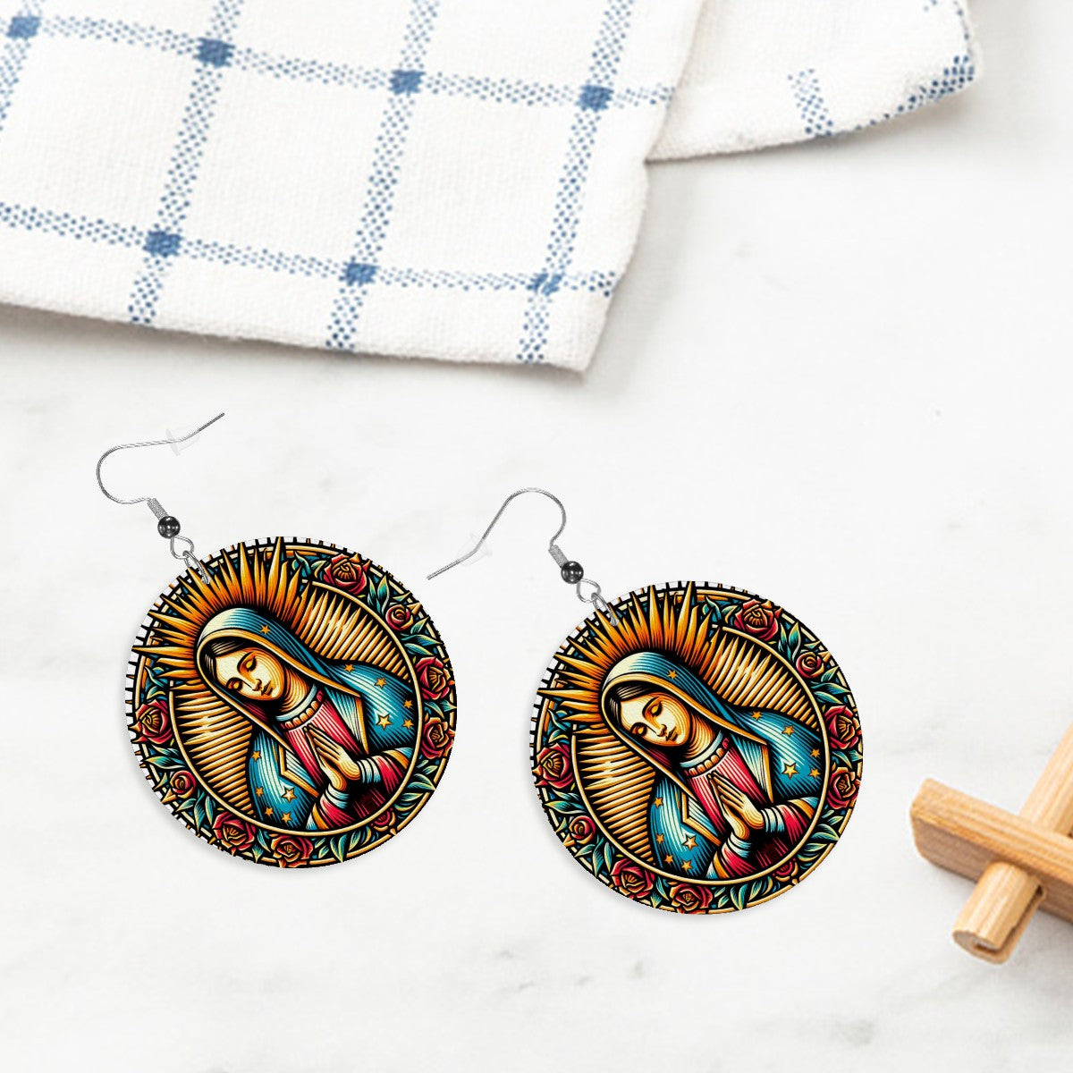 Virgin Mary - Leather Round Earrings