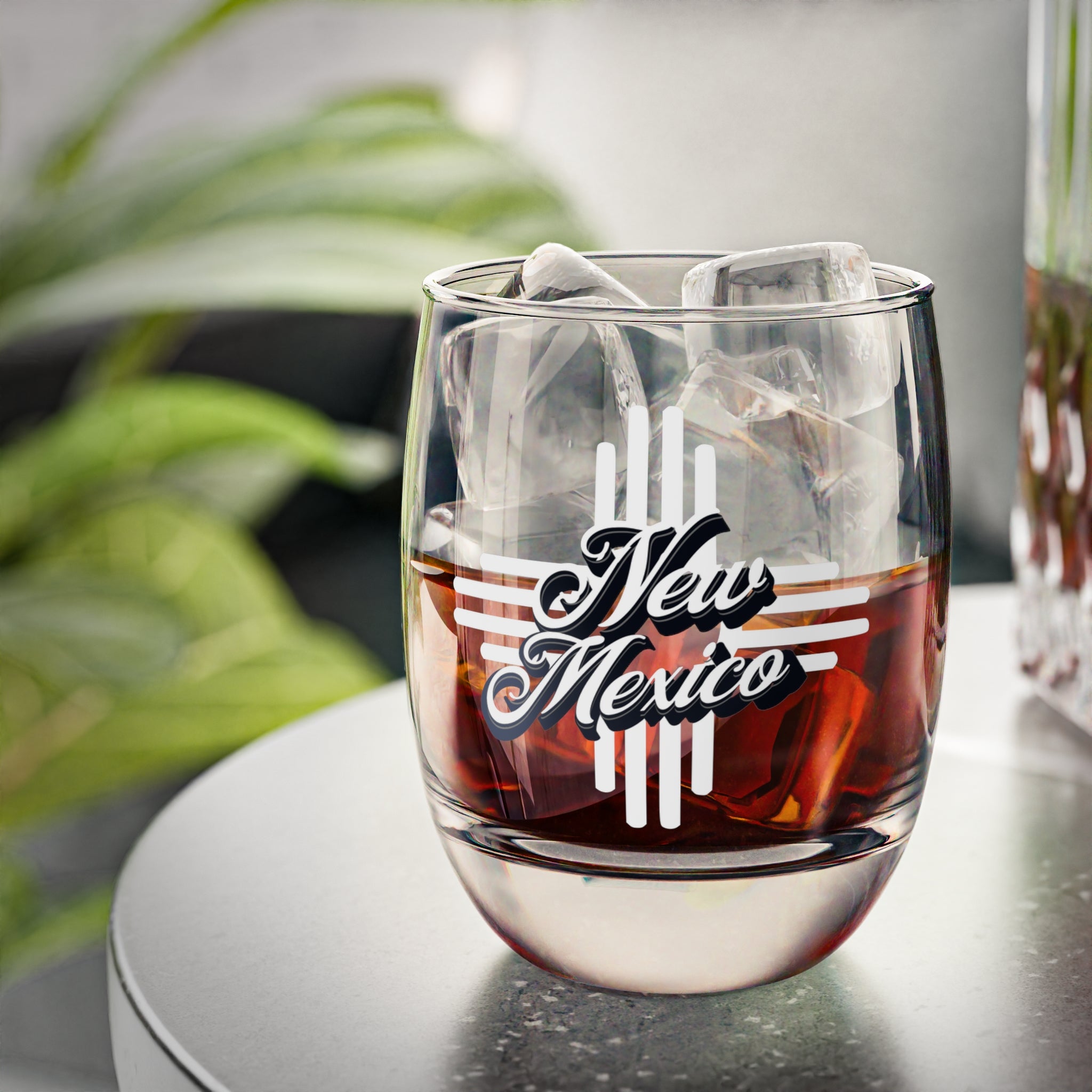 New Mexico Script Whiskey Glass | Zia Sun Symbol, State Pride