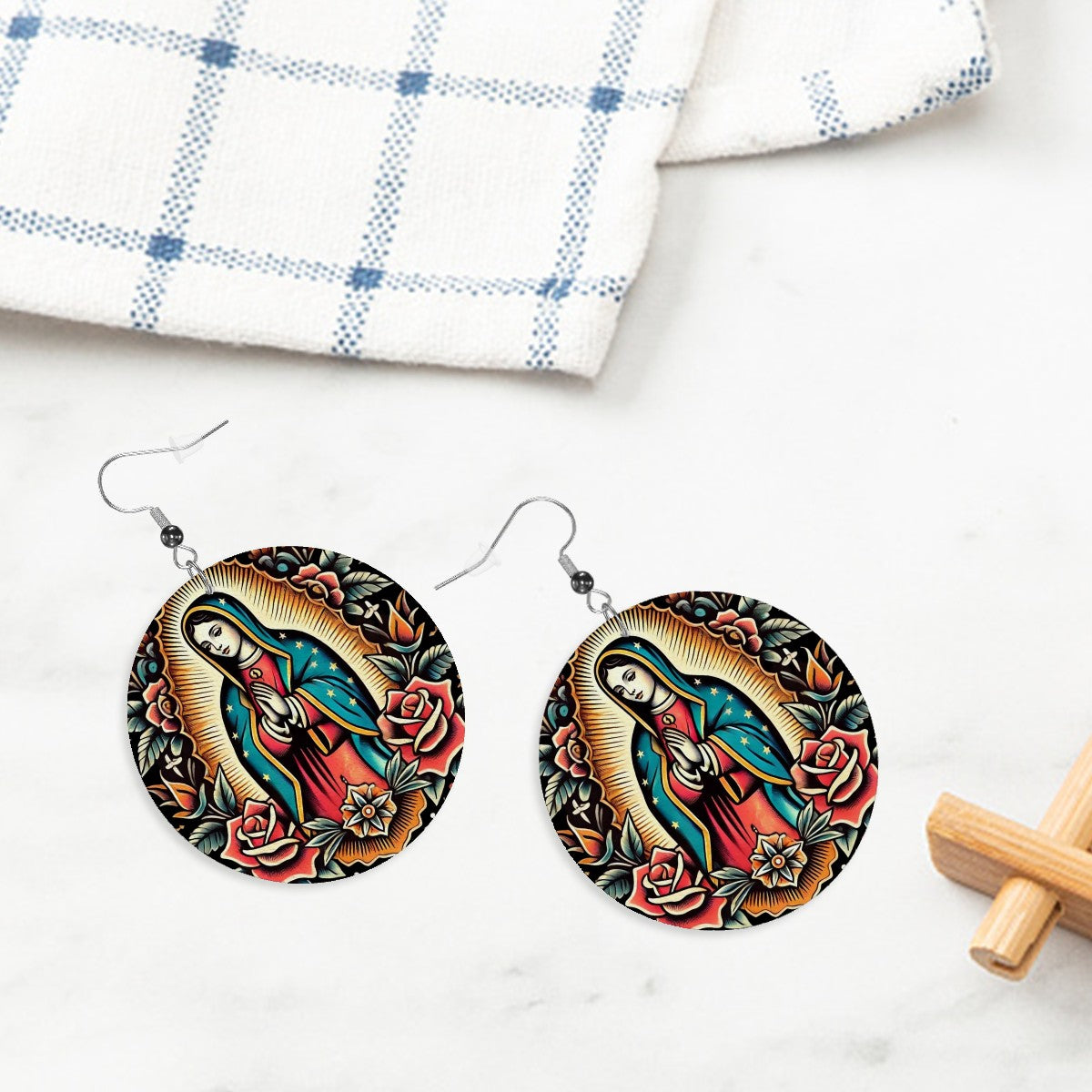 Virgen De Guadalupe - Leather Round Earrings