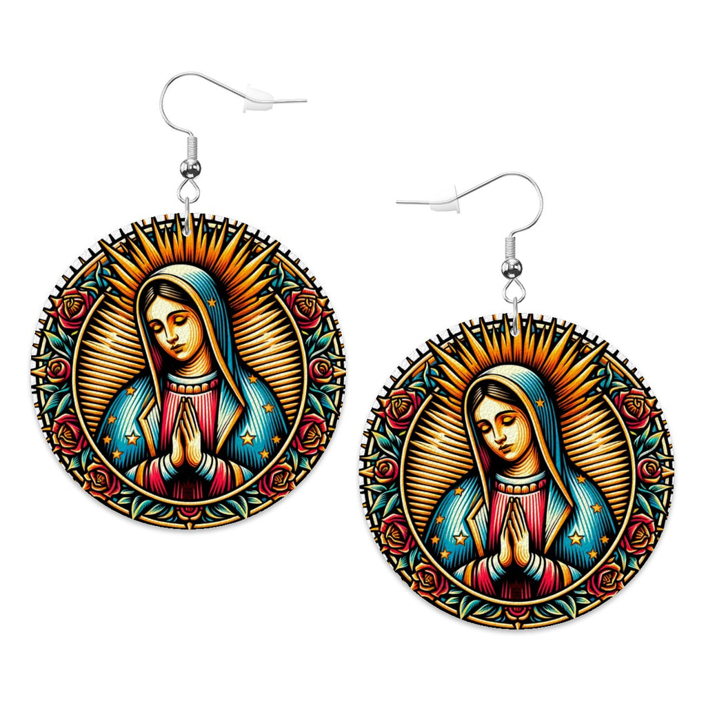 Virgin Mary - Leather Round Earrings