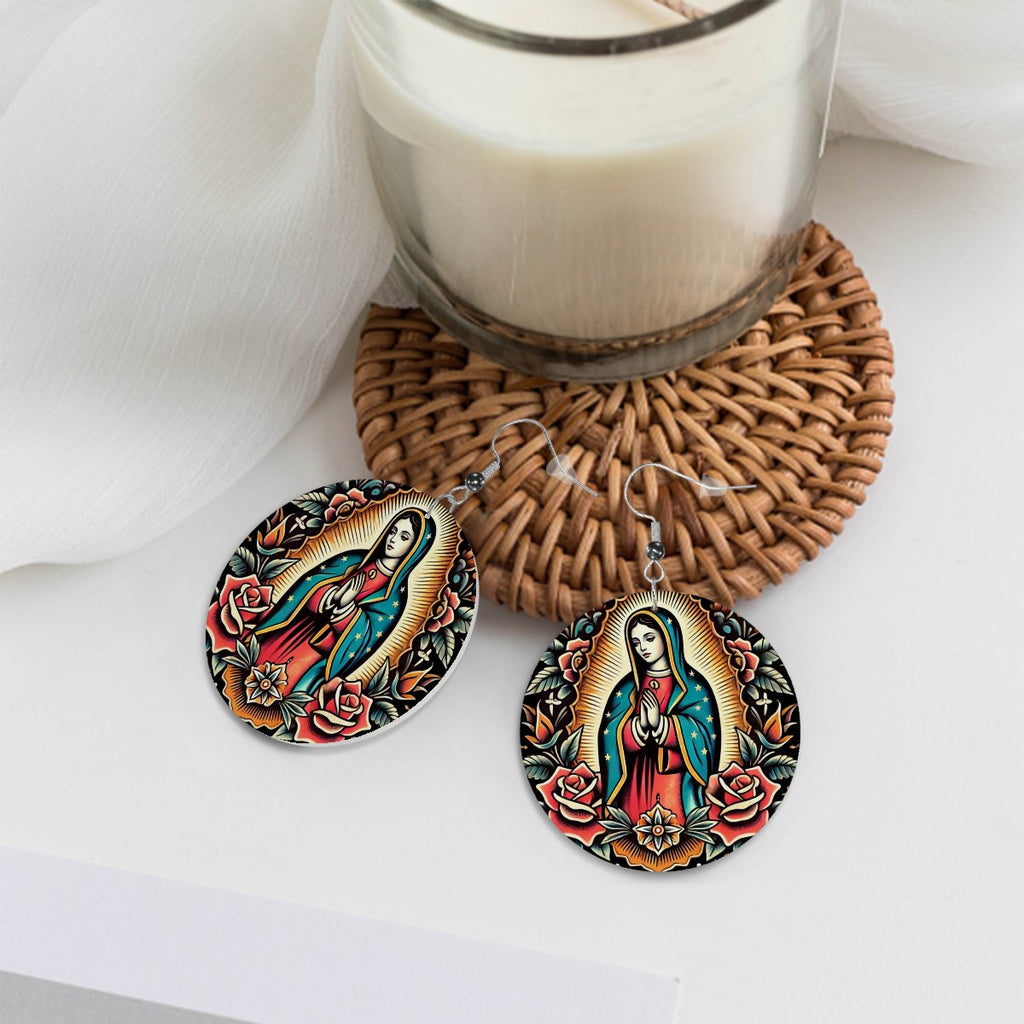 Virgen De Guadalupe - Leather Round Earrings