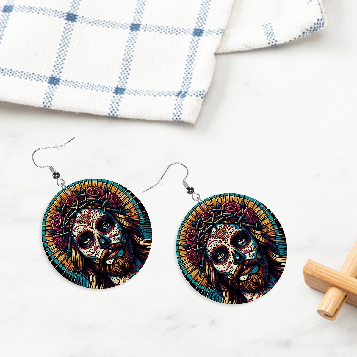 Jesucristo Dia De Los Muertos - Leather Round Earrings