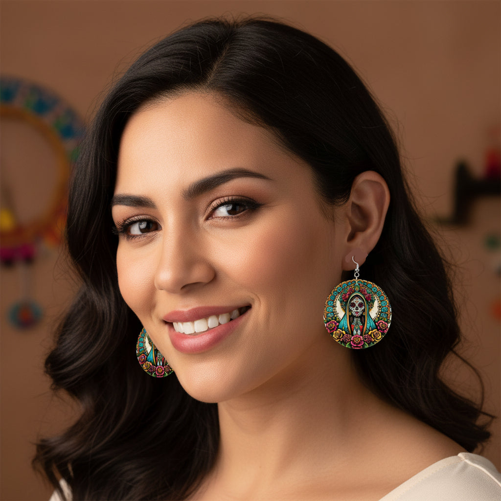 Dia De Los Muertos Virgen - Leather Round Earrings