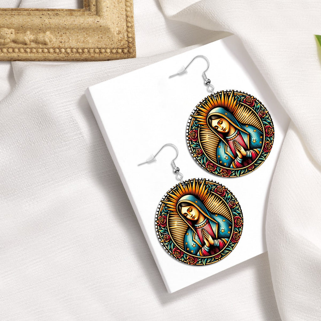 Virgin Mary - Leather Round Earrings