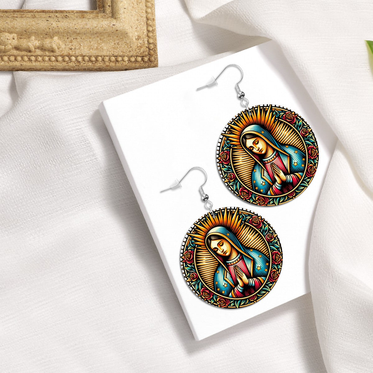 Virgin Mary - Leather Round Earrings