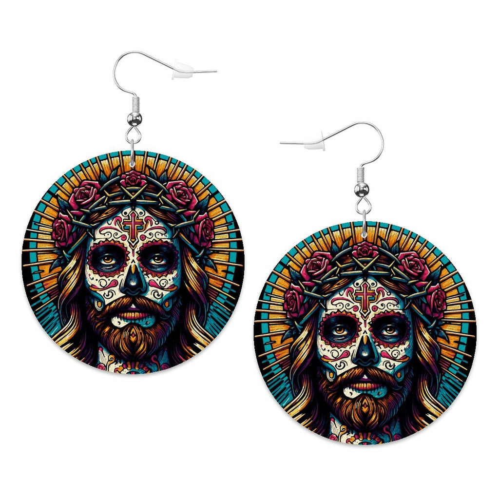 Jesucristo Dia De Los Muertos - Leather Round Earrings