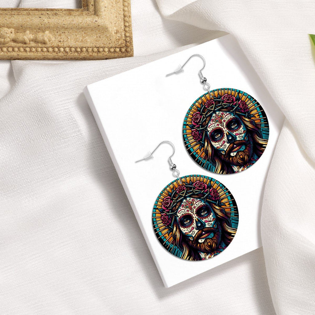 Jesucristo Dia De Los Muertos - Leather Round Earrings