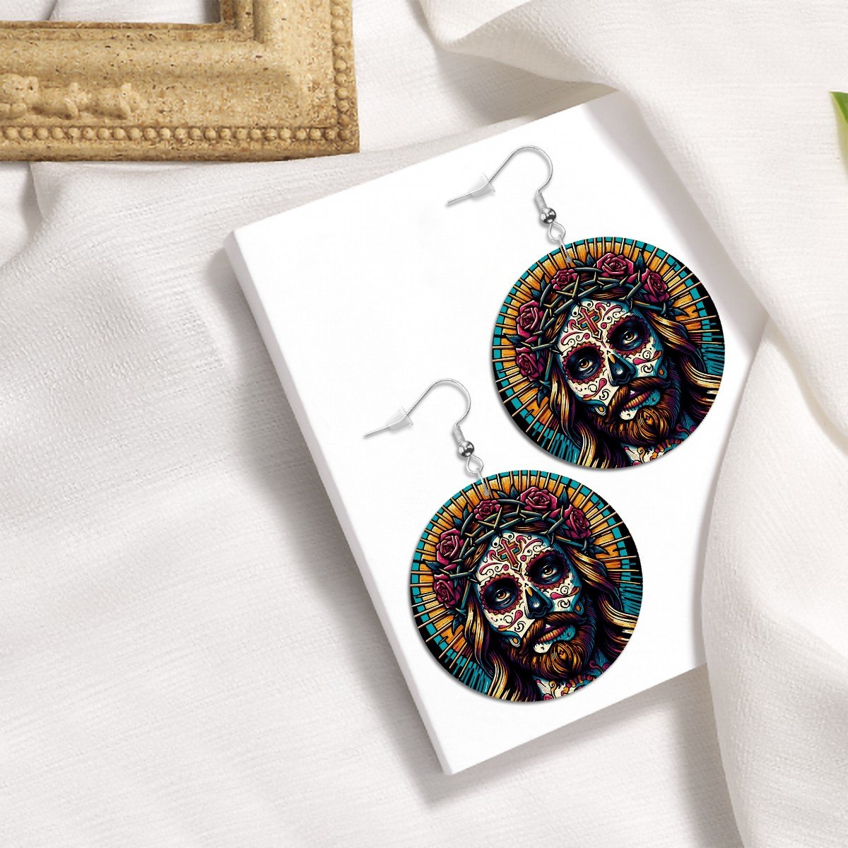 Jesucristo Dia De Los Muertos - Leather Round Earrings