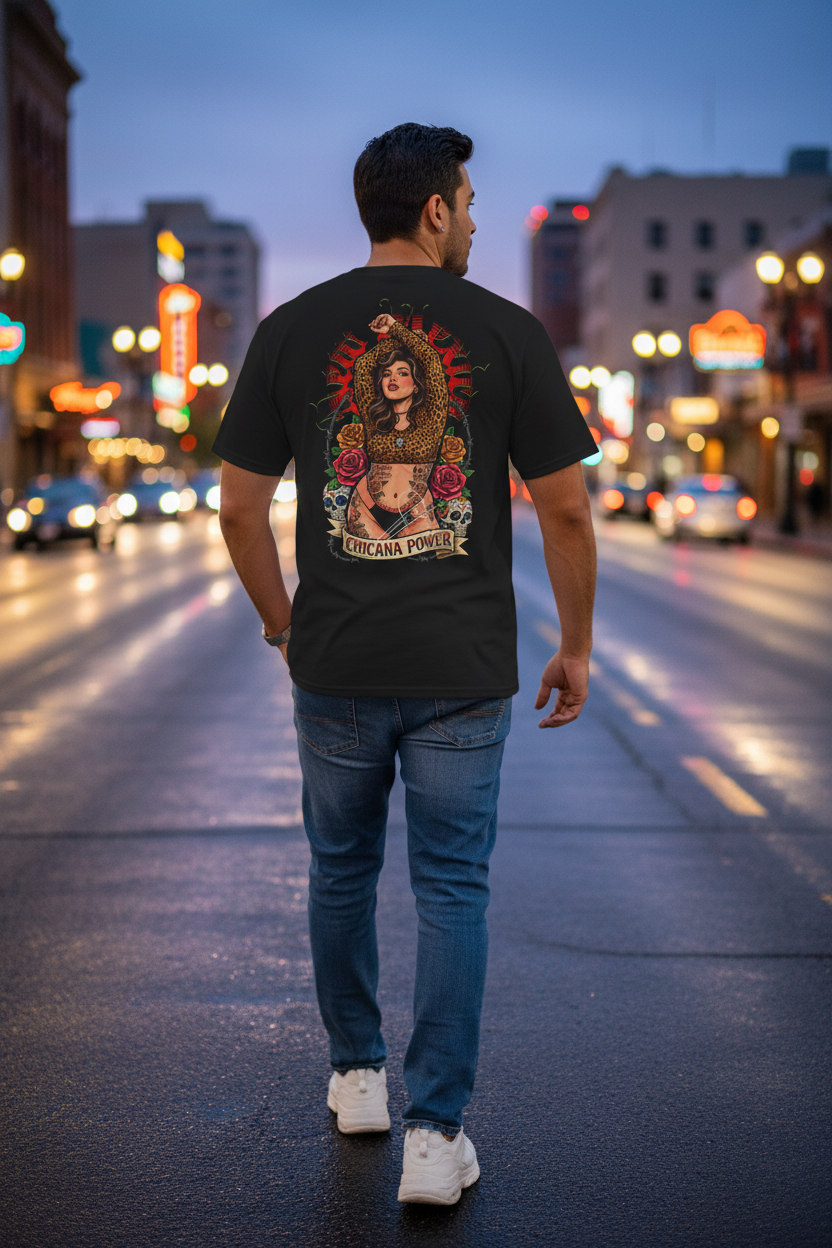 Male model walking away city street