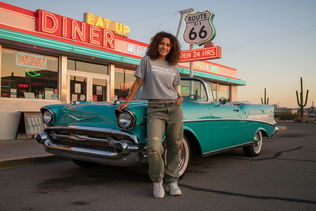 Oxford Grey Green Chile Tee - Retro Style